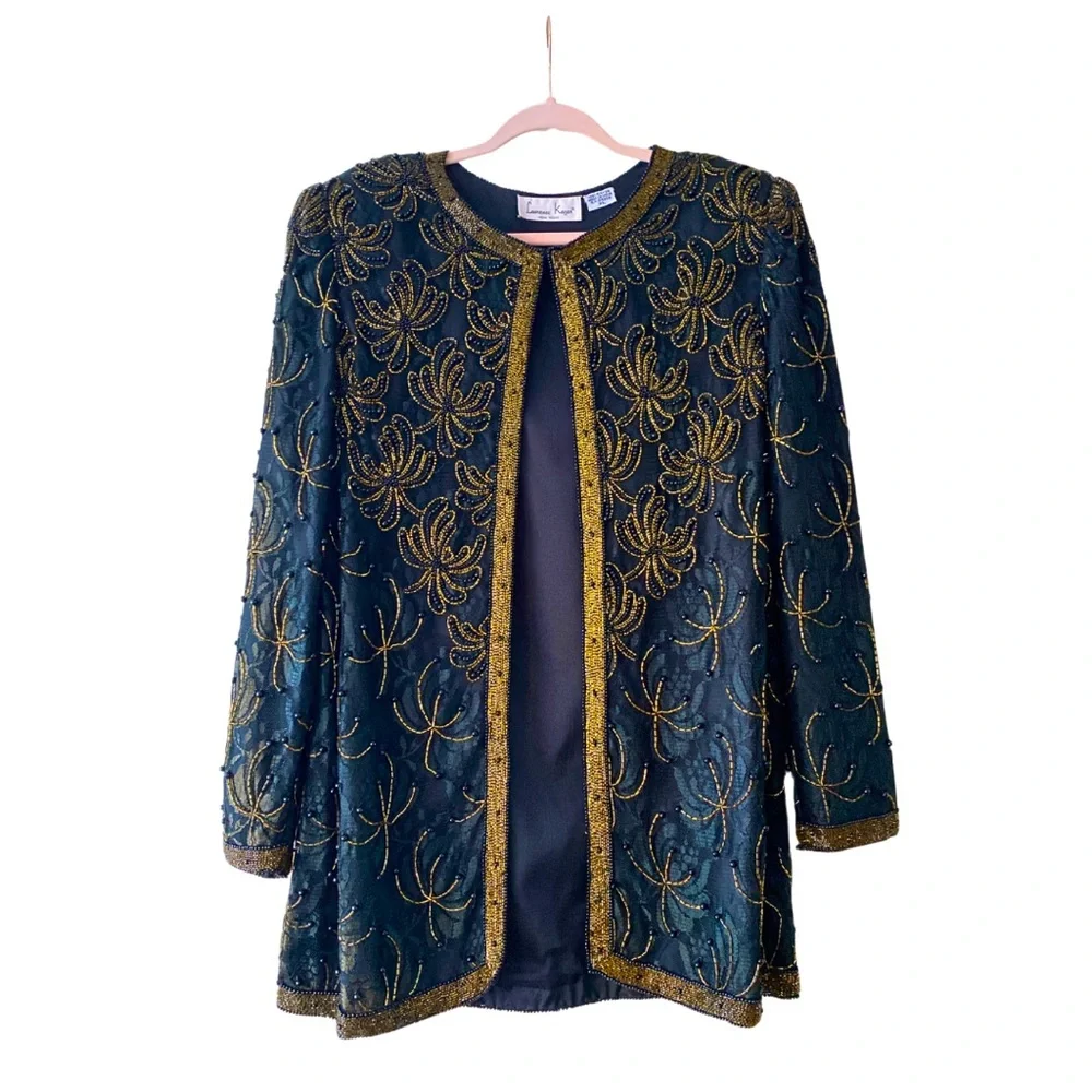 LAURENCE KAZAR XL Black Gold Beaded Jacket Blazer Evening Holiday Cocktail Top - Picture 1 of 13